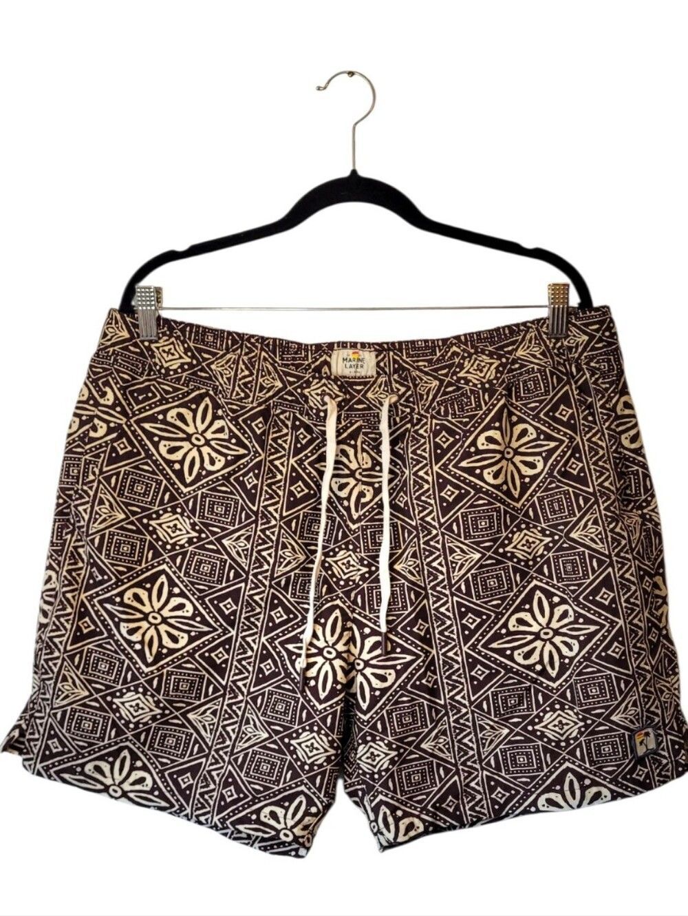 Marine Layer Men's Patterned Drawstring Swim Shorts - Rust & Cream Size XXL